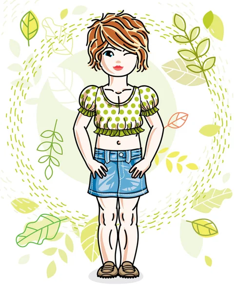 Little Red Haired Girl Standing Background Spring Leaves Wearing Stylish — Stock Vector