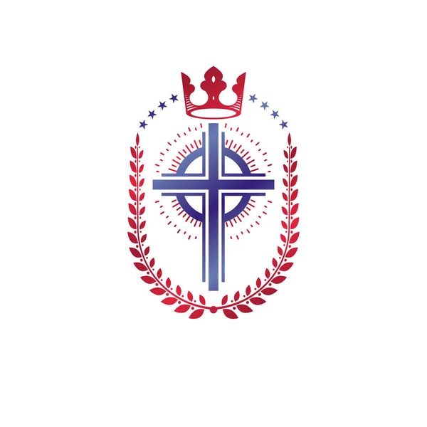 Christliches Kreuz Dekoratives Emblem Auf Weißem Hintergrund — Stockvektor