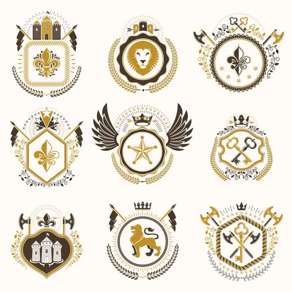 Conjunto Emblemas Vintage Con Elementos Decorativos Como Coronas Estrellas Alas — Archivo Imágenes Vectoriales