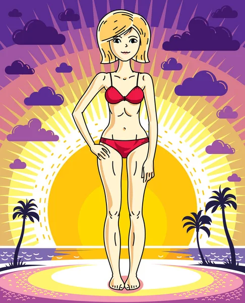 Joven Mujer Rubia Pie Paisaje Puesta Del Sol Con Palmas — Vector de stock