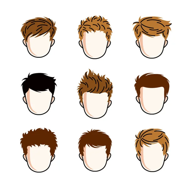 Set Boys Faces Stylish Hairstyles White Background — Stock Vector