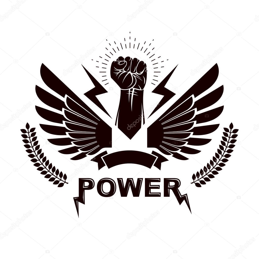 Raised strong clenched fist winged logo