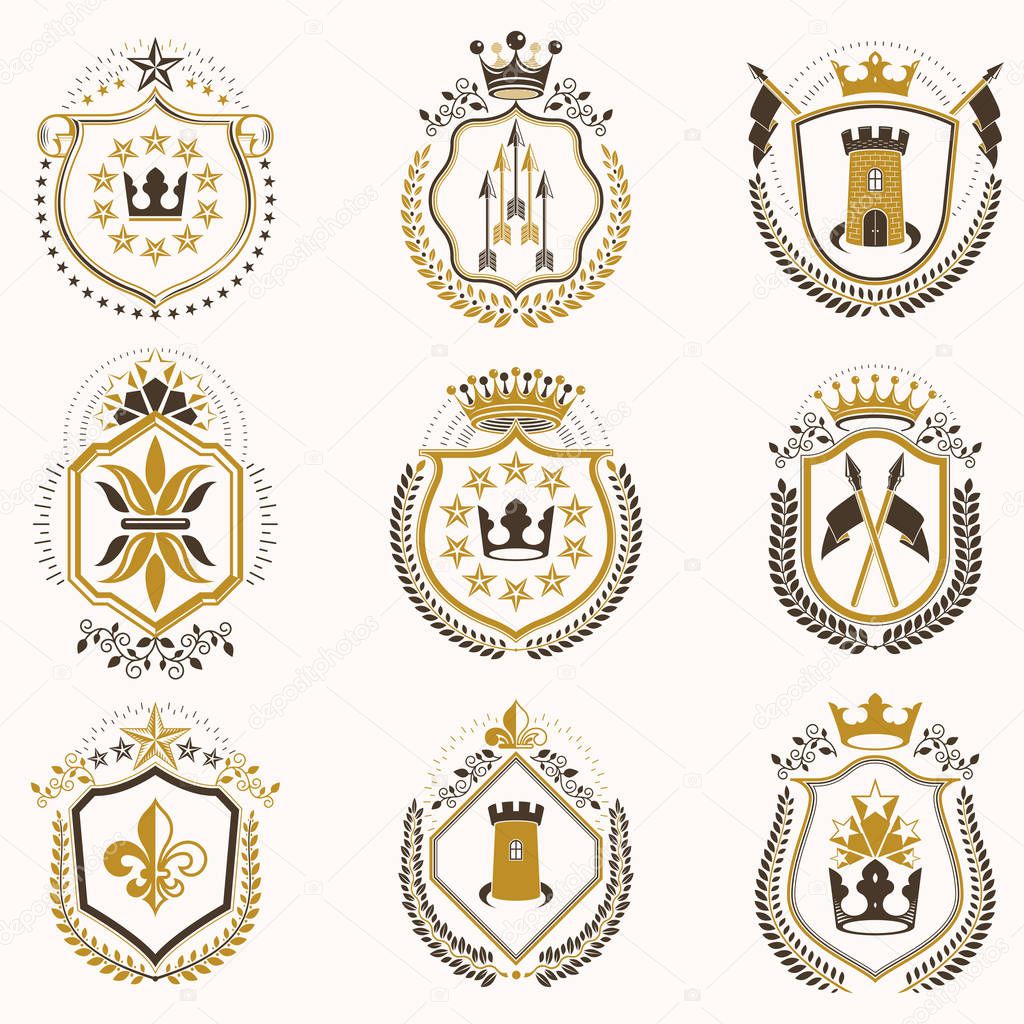 Set of vintage emblems with decorative elements like crowns, stars, bird wings, armory and animals