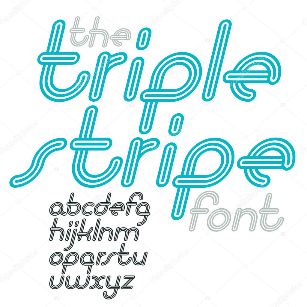 retro lowercase English alphabet letters made with geometric parallel triple lines