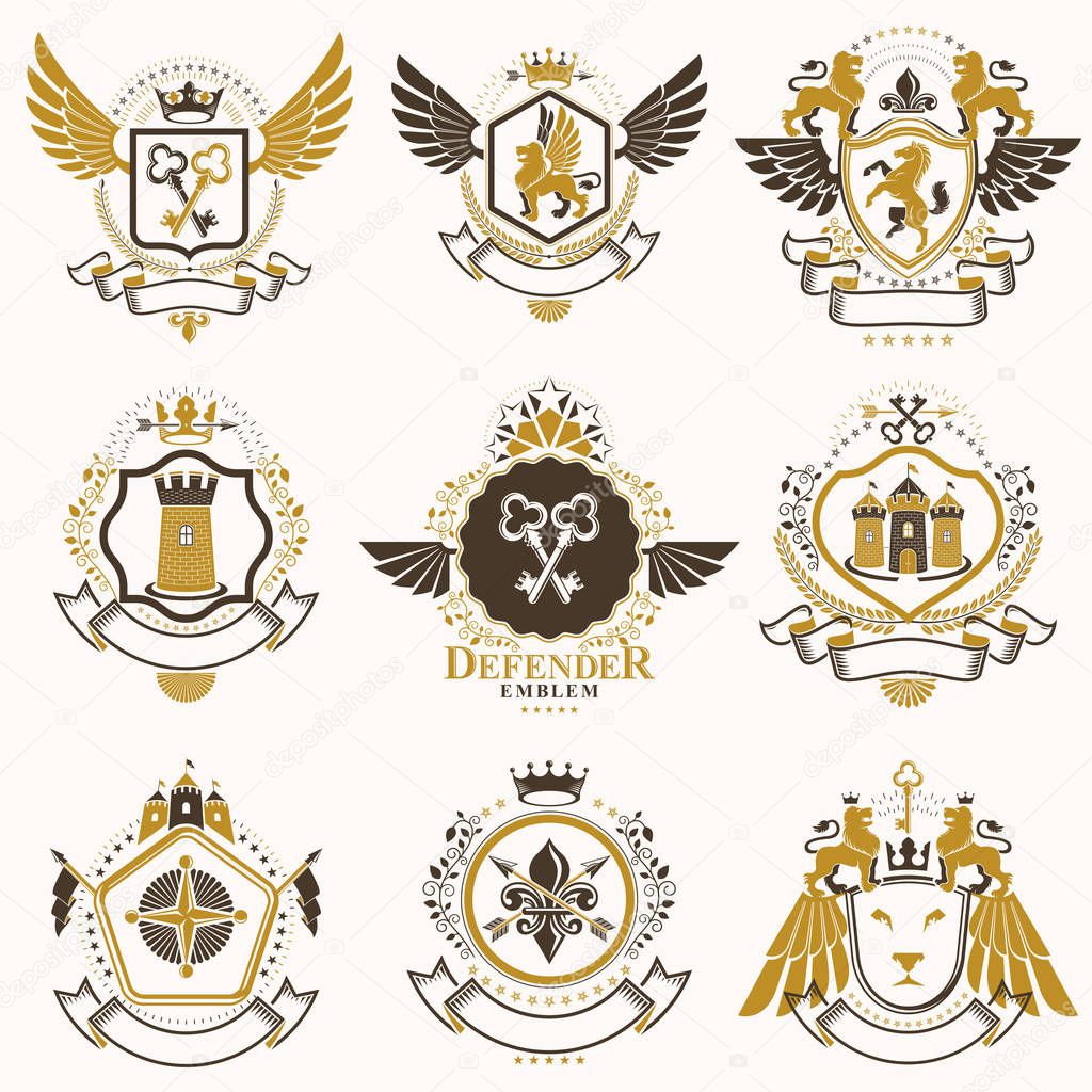 Collection of heraldic decorative vintage design elements