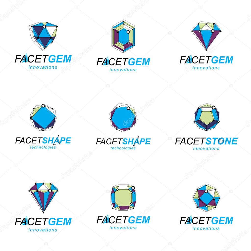 Set of faceted figures with connected lines