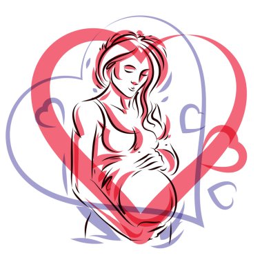 Hamile zarif kadın bebek, kalp şekli çerçeve tarafından oluşan çizilmiş vektör çizim bekliyor. Sevgi ve Tema okşamak. Anneler günü.