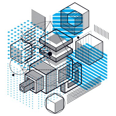 Çizgiler ve şekiller Özet vektör izometrik 3d arka plan. Küpleri, Altıgenler, kareler, dikdörtgenler ve farklı soyut öğeler düzenini.
