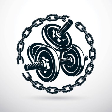 Demir zinciri tarafından çevrili dumbbell ve disk ağırlık vektör çizim. Çapraz vücut geliştirme ve uygun Spor donatımı.