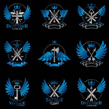 Vintage silah Amblemler ayarlayın. Hanedan arması dekoratif Amblemler koleksiyonu.