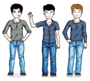 Moda rahat kıyafetlerle poz güzel mutlu genç genç çocuklar. Vektör çeşitlilik çocuklar illüstrasyonlar set. Çocukluğu ve ailesi yaşam tarzı küçük resim.