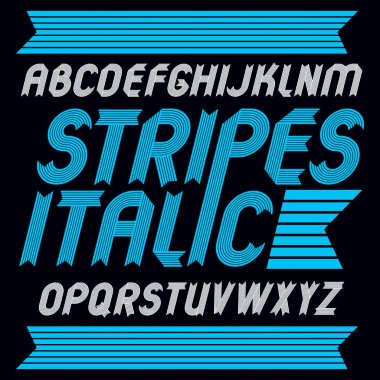 Trendy vektör sermaye alfabe harfler izole kümesi. Geometrik italik kalın yazı tipi, komut dosyasından bir z-ebilmek var olmak kullanılmış için logo oluşturma, gazete. Çizgili süslü, paralel çizgiler kullanılarak oluşturulan.