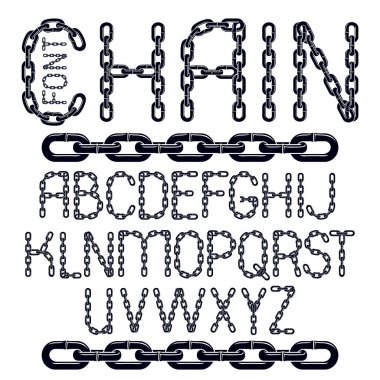 Vektör İngiliz alfabesinde geçerli olan harfleri izole kümesi. Büyük harf yaratıcı yazı tipi çelik zincir bağlantı ile yaptı, bağlantı katıldı.
