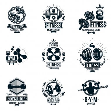Vector heavy load power lifting theme logotypes and advertising flyers collection created with dumbbells, disc weights sport equipment and strong man body shapes. clipart