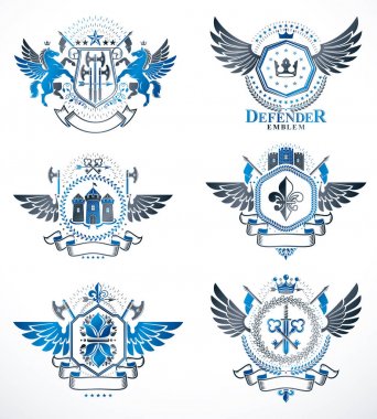 Vintage dekoratif hanedan vektör Amblemler Kartal kanatları, dini haçlar, Tophane ve Ortaçağ kaleleri, hayvanlar gibi unsurlar ile oluşur. Klas sembolik illüstrasyonlar topluluğu. 