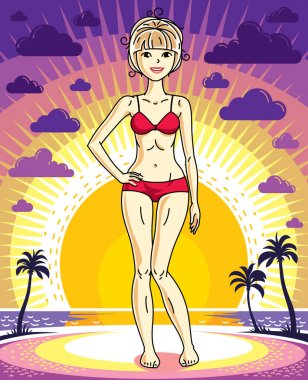 Arka plan avuç içi ile günbatımı manzara poz ve kırmızı bikini giyen çekici sarışın genç kadın. Vektör güzel hanımefendi illüstrasyon. Ömür boyu Tema clipart.