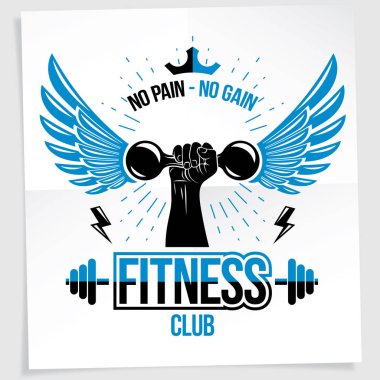 Fitness kulübü reklam afişi. Vektör kompozisyon kaslı vücut geliştirmeci kol dumbbell Spor donatımı tutar. Acı yoksa, hayır yazma kazanmak.