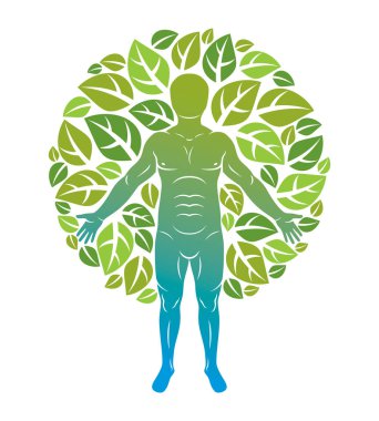 Beyaz arka plan üzerinde duran ve doğal yeşil yaprakları kullanılarak yapılan insan vektör Illustration. Greenman, pagan Tanrı metafor.