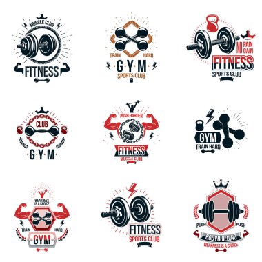 Vektör ağır yük güç kaldırma Tema Logotype ve el ilanları koleksiyonu dumbbells ile oluşturulan reklam, disk Ağırlık donatım ve güçlü adam vücut şekilleri spor.