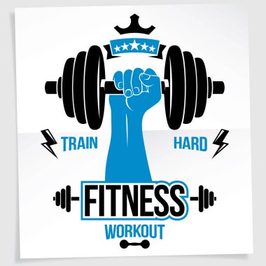 Vücut geliştirme motivasyon posteri. Kaslı sporcu kol bileşimi vektör yuvarlak yüzey ağırlık dambıl spor ekipmanı tutar. Tren zor alıntı.