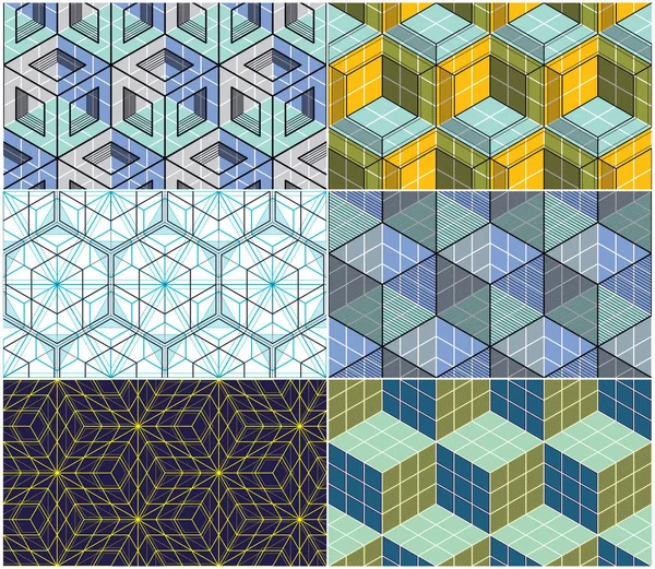 Geometric Cubes Abstract Seamless Patterns Set Vector Backgrounds Collection Technology — Stock Vector