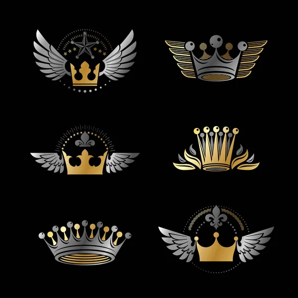 Majestic Crowns Ancient Stars Emblems Set Heráldica Brasão Braços Logotipos — Vetor de Stock