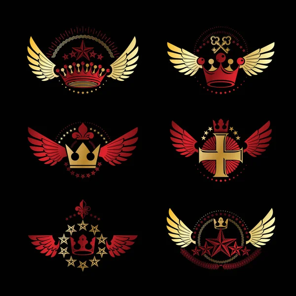 Királyi korona és ősi csillagok emblémák beállítása. Heraldikai címerének — Stock Vector