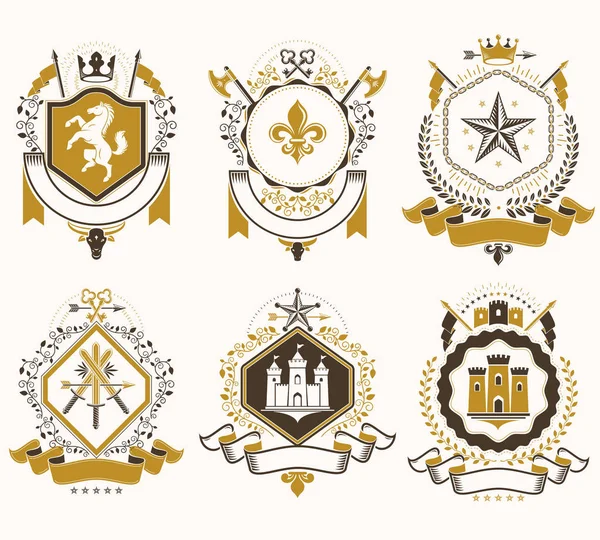 Conjunto de emblemas vintage vetor criado com elementos decorativos l — Vetor de Stock