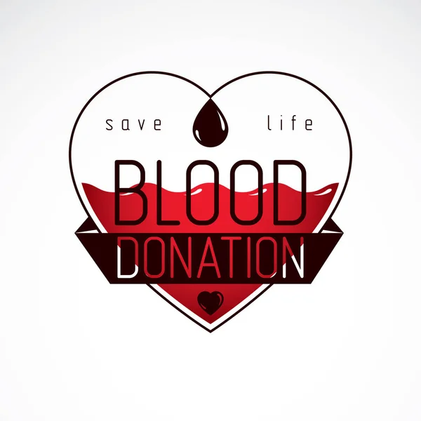 心臓形と血滴で作られた献血碑文 医療や社会のテーマ広告で使用するための慈善とボランティアの概念ロゴ — ストックベクタ