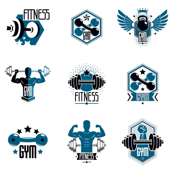 Logotipos Para Gimnasio Peso Pesado Gimnasio Deportivo Fitness Conjunto Emblemas — Archivo Imágenes Vectoriales