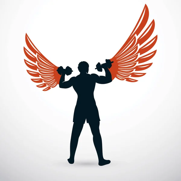Vector Illustration Muscular Bodybuilder Holding Dumbbell Champion Body Silhouette — Stock Vector