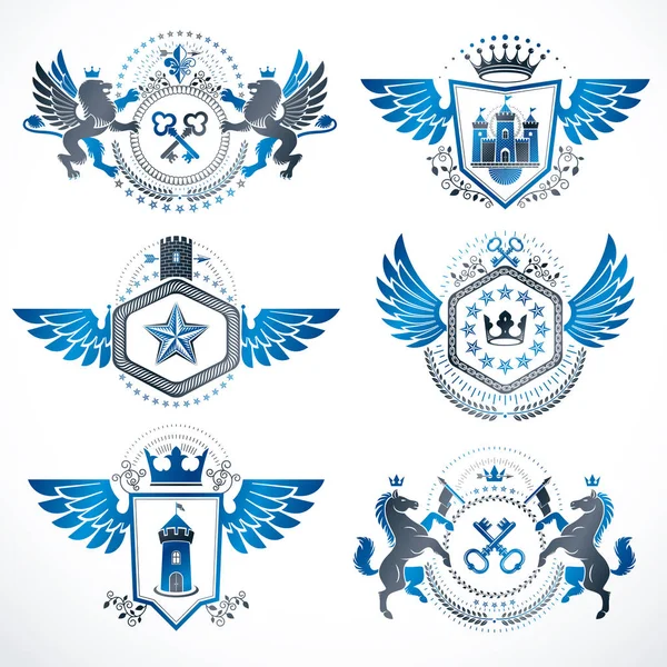 Vintage decorative heraldic vector emblems composed with element — Stock Vector