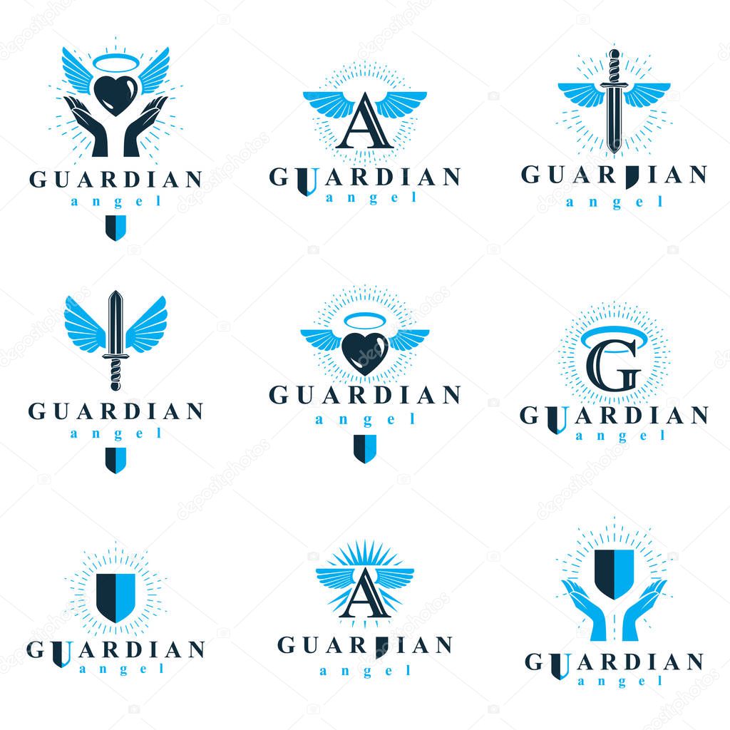 Holy spirit graphic vector logotypes collection, can be used in charity and catechesis organizations. Vector emblems created using battle swords, loving hearts and guardian shields.
