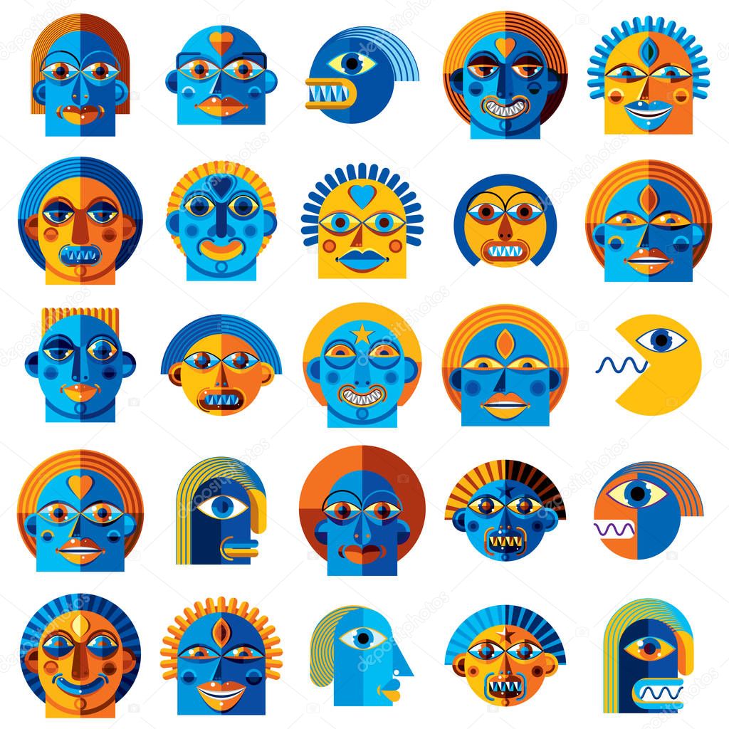 Mythic creatures collection, vector modern art. Set of fantastic odd characters expressing different emotions.