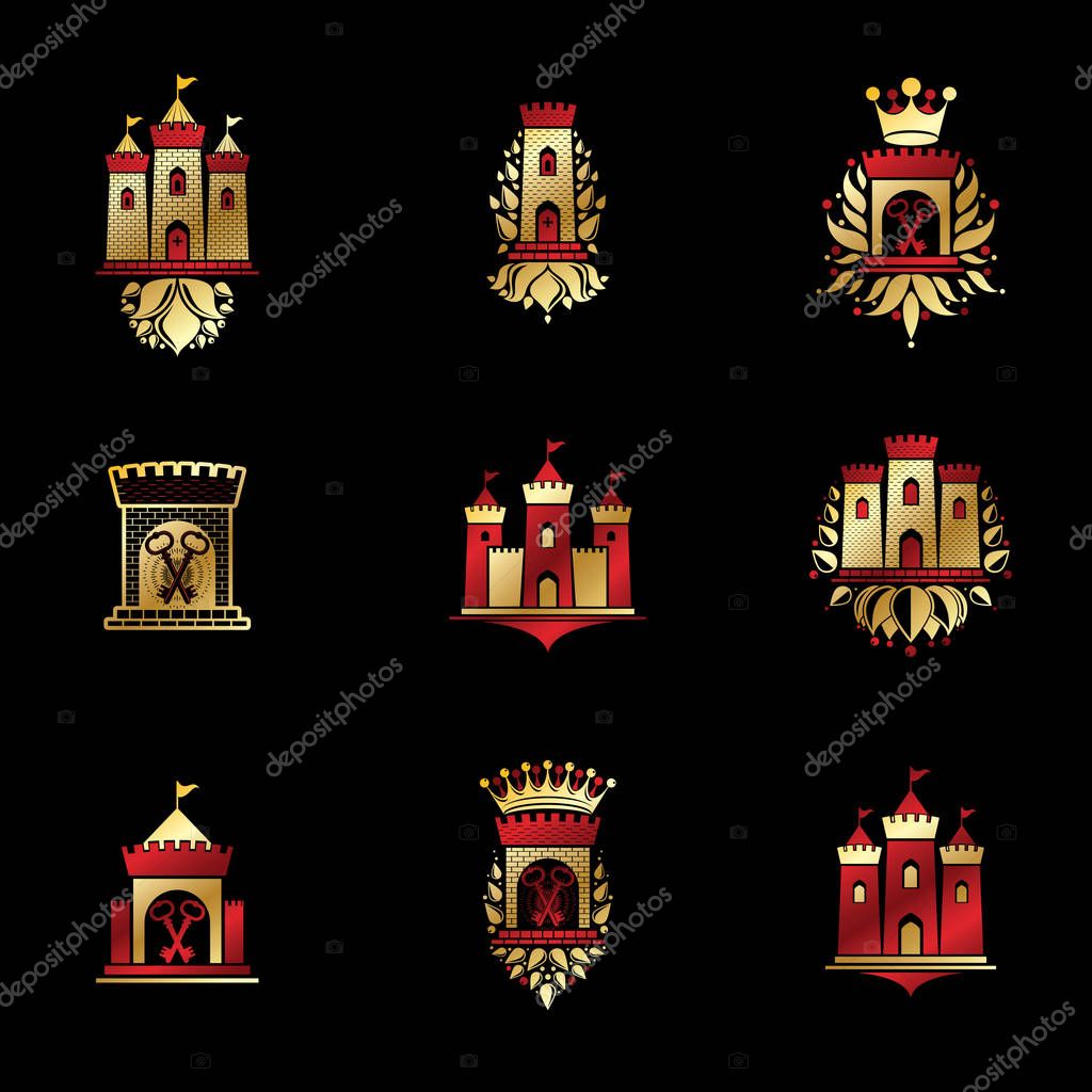 Ancient Fortresses emblems set. Heraldic Coat of Arms, vintage vector logos collection.