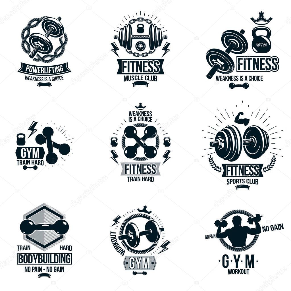 Vector heavy load power lifting theme logotypes and advertising flyers collection created with dumbbells, disc weights sport equipment and strong man body shapes.