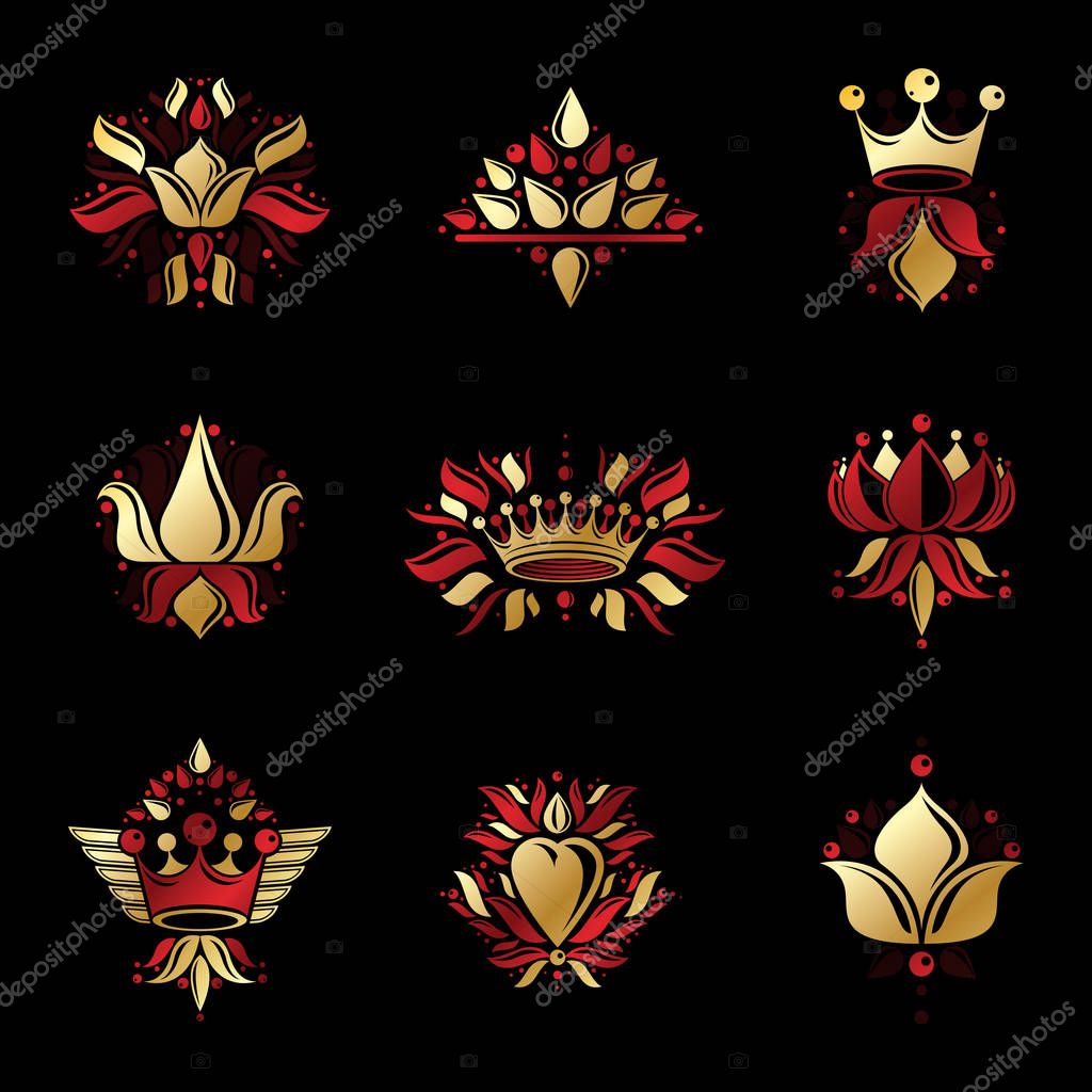 Royal symbols, Flowers, floral and crowns, emblems set. Heraldic vector design elements collection. Retro style label, heraldry logo.