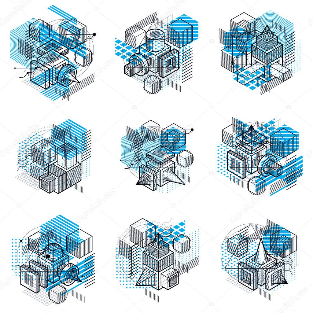 Isometric abstractions with lines and different elements, vector abstract backgrounds. Compositions of cubes, hexagons, squares, rectangles and different abstract elements. Vector set.