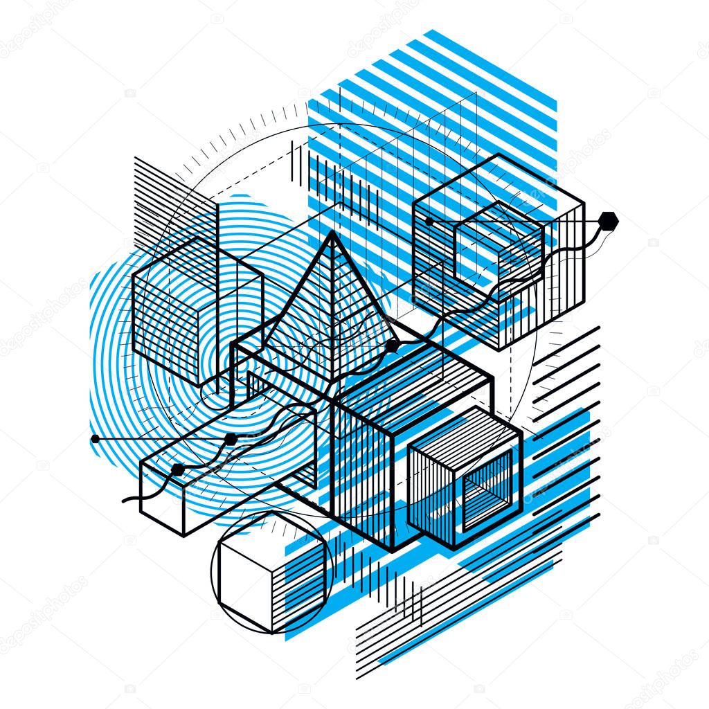 Isometric abstract background with linear dimensional shapes, vector 3d mesh elements. Composition of cubes, hexagons, squares, rectangles and different abstract elements.