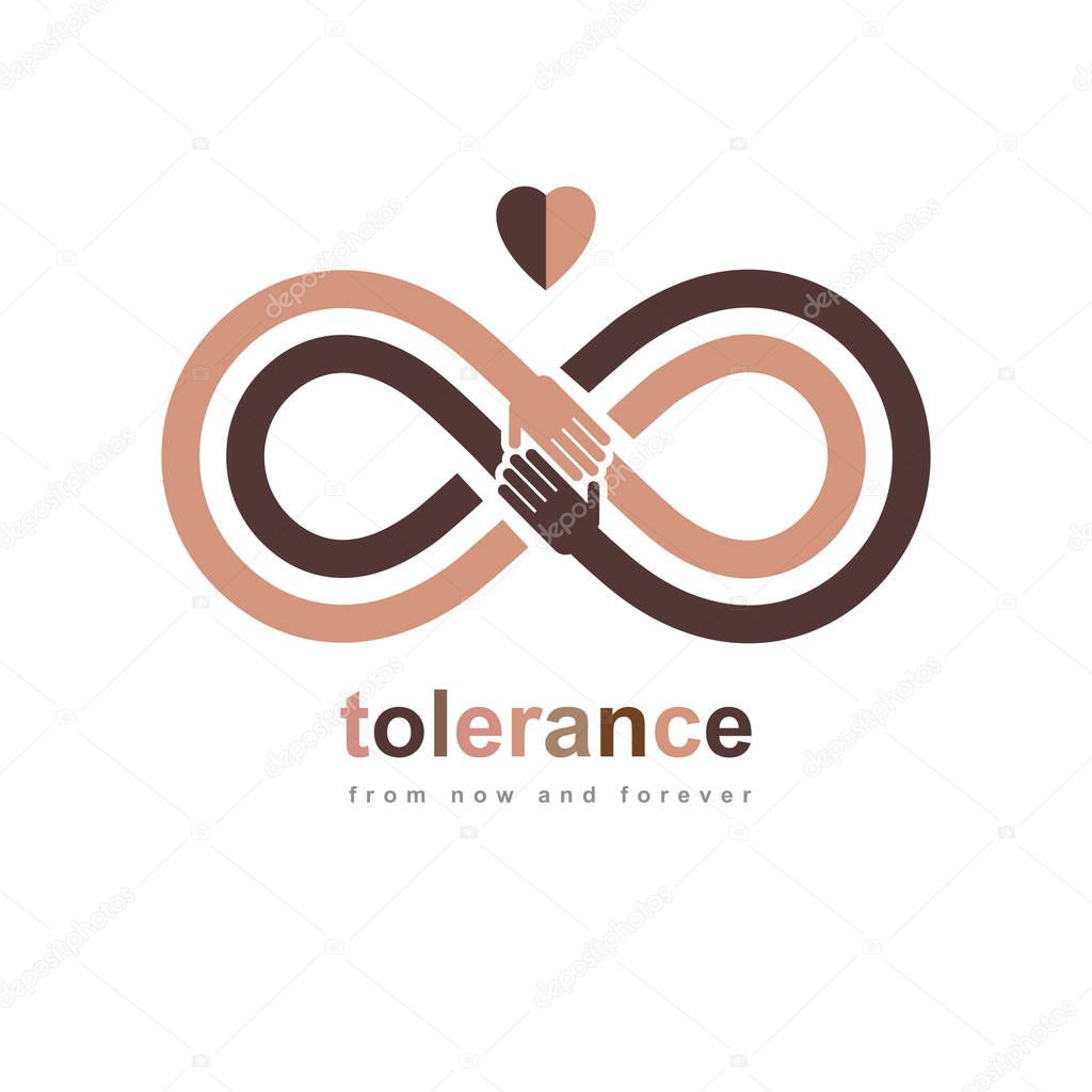 Racial Tolerance conceptual symbol, Martin Luther King Day, Zero tolerance, vector symbol created with infinity loop sign and two hands of people of different races touching and reaching each other.