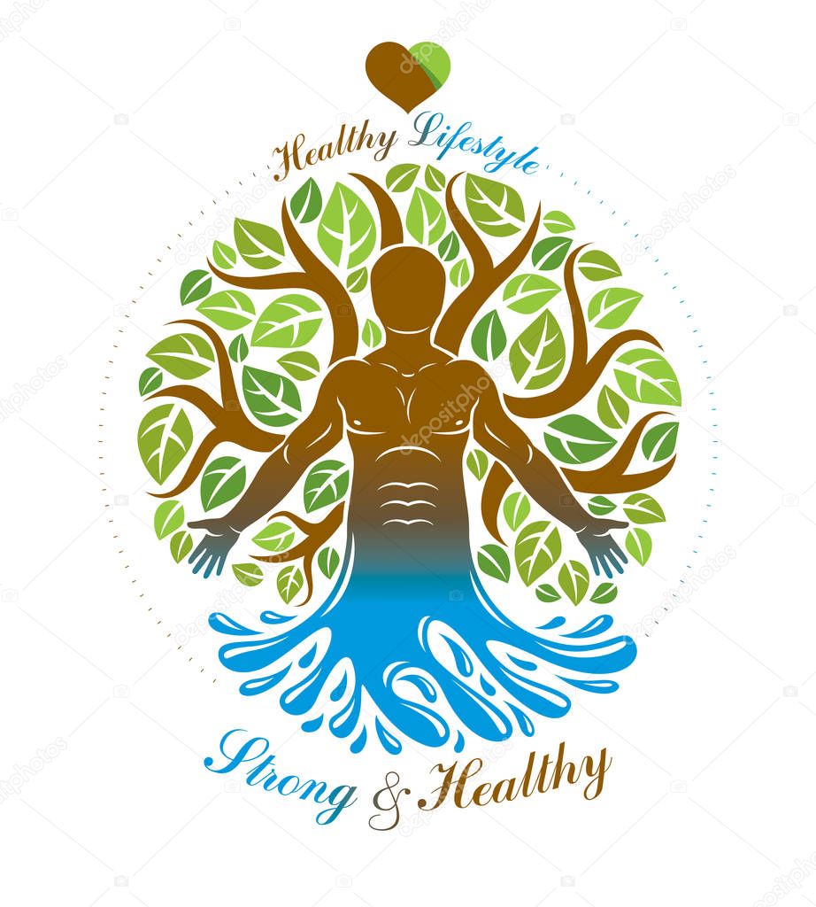Vector human being standing. Alternative medicine concept, phytotherapy illustration created as the combination of water and tree nature powers.
