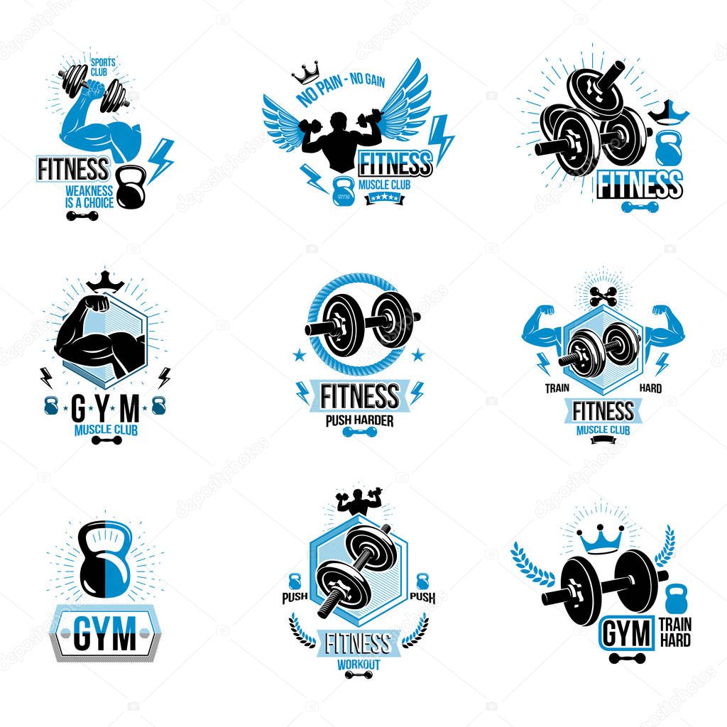 Vector fitness and athletics theme symbols and motivational posters collection composed using dumbbells, kettle bells sport equipment and bodybuilder body shapes.