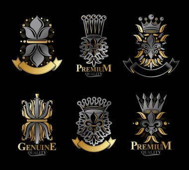 Kraliyet semboller Lily çiçekler, çiçek ve kron, amblem seti.