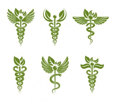 Zehirli yılan ve kuş kanatları ile oluşan Caduceus illüstrasyonlar topluluğu