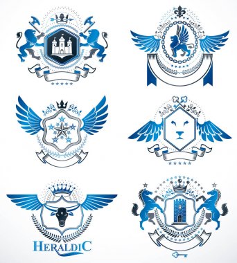 Hanedan oluşturulan vintage vektör öğeleri, kuş kanatları, hayvanlar, kuleleri ile kat