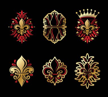 Lily çiçekler Royal sembolleri, çiçek ve kron Amblemler ayarla. 
