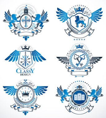 Hanedan vintage vektör öğeleri, kuş kanatları, hayvanlar, kuleleri, kron ve yıldız ile oluşturulan arması.