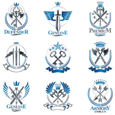 Beyaz arka plan üzerinde izole vintage silah amblem seti