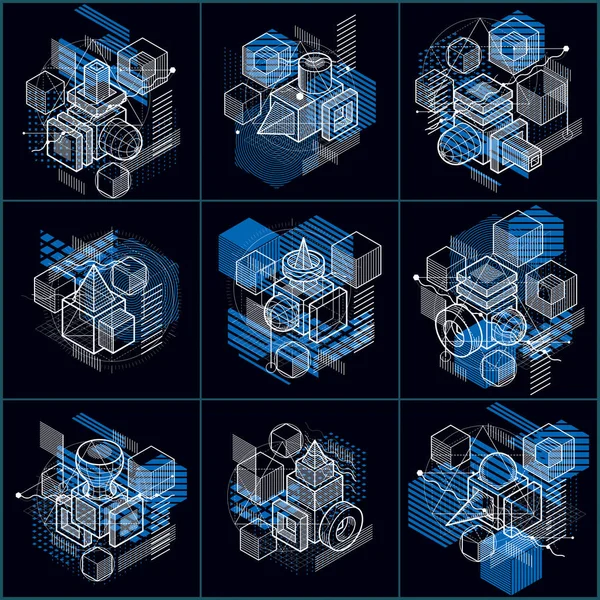 キューブ 六角形 正方形 長方形 さまざまな抽象的な要素と抽象的なアイソメ図の背景 — ストックベクタ