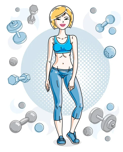Young Blonde Slim Woman Standing Simple Background Dumbbells Barbells — Stock Vector